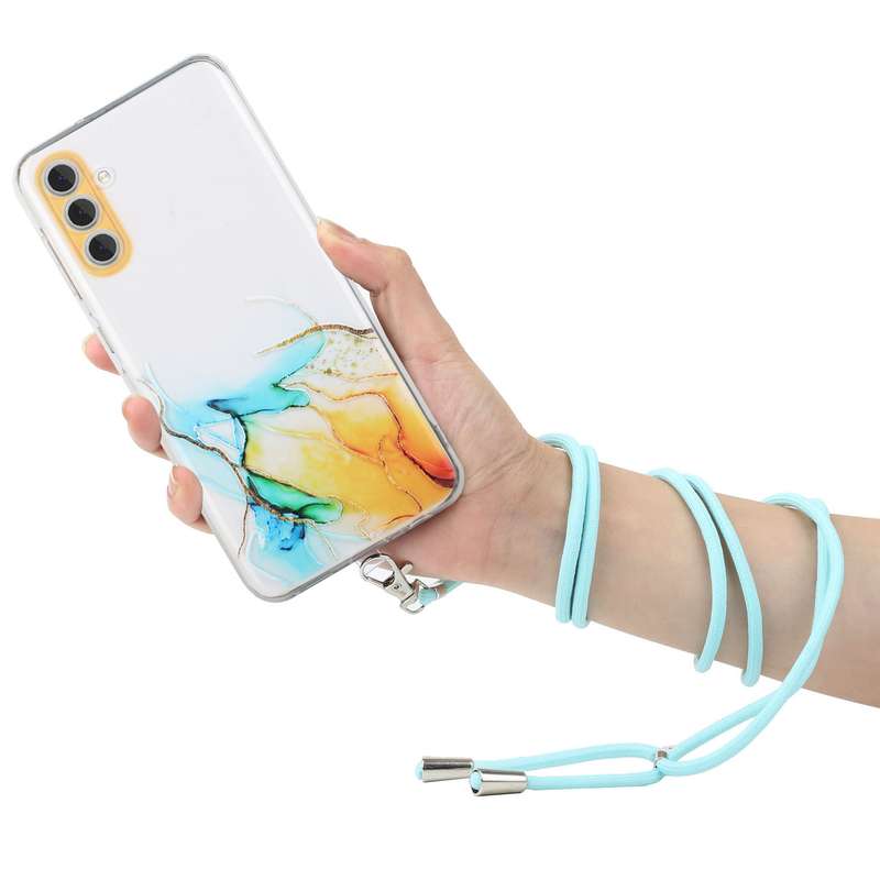 For Samsung Galaxy A54 5G Hollow Marble Pattern TPU Shockproof Phone Case with Neck Strap Rope(Yello