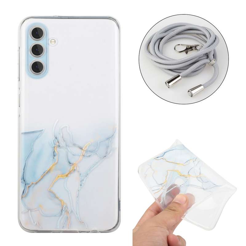 For Samsung Galaxy A54 5G Hollow Marble Pattern TPU Shockproof Phone Case with Neck Strap Rope(Yello
