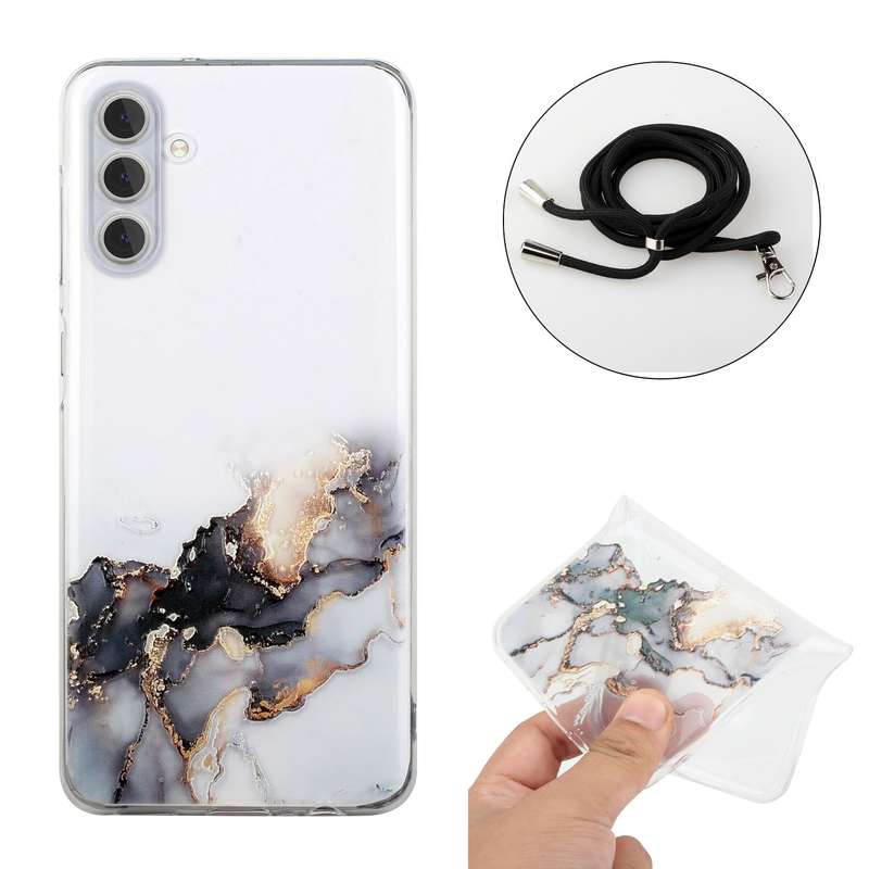 For Samsung Galaxy A34 5G Hollow Marble Pattern TPU Shockproof Phone Case with Neck Strap Rope(Black