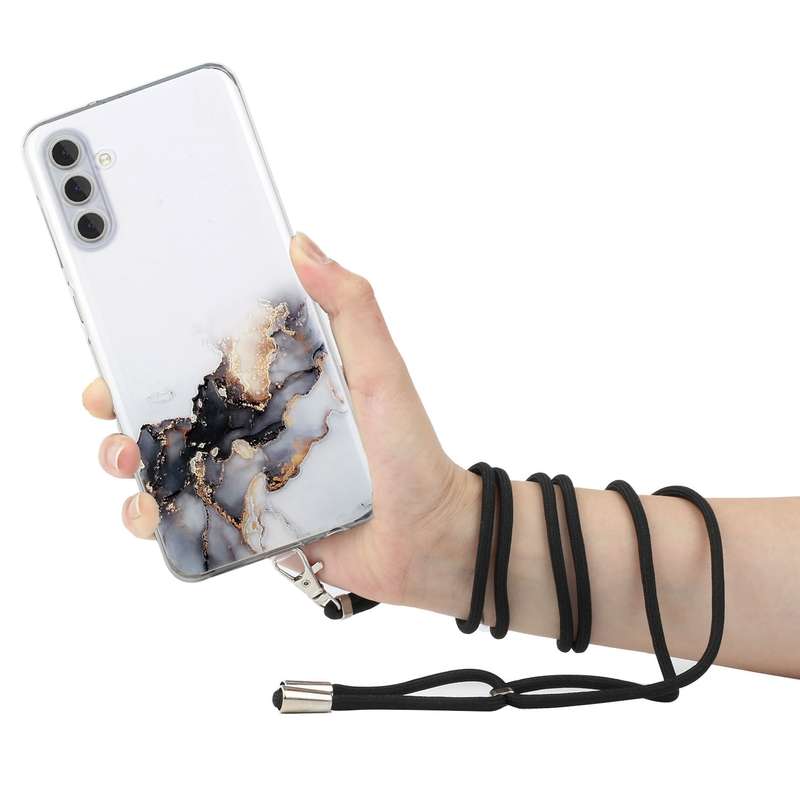 For Samsung Galaxy A34 5G Hollow Marble Pattern TPU Shockproof Phone Case with Neck Strap Rope(Black