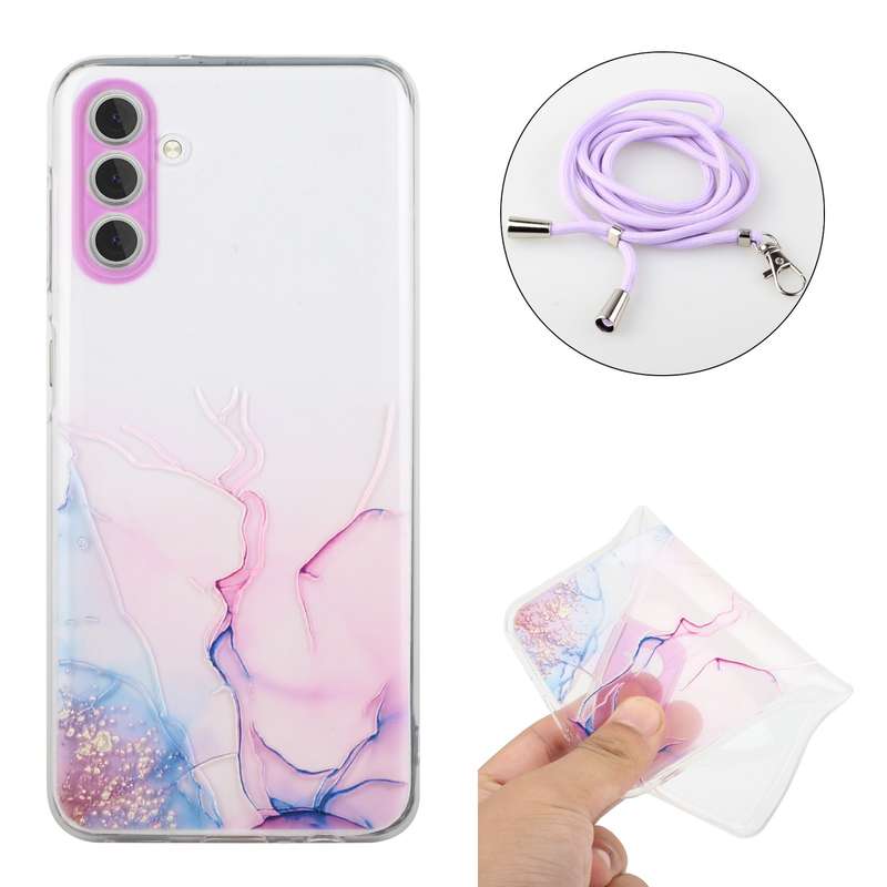 For Samsung Galaxy A34 5G Hollow Marble Pattern TPU Shockproof Phone Case with Neck Strap Rope(Black