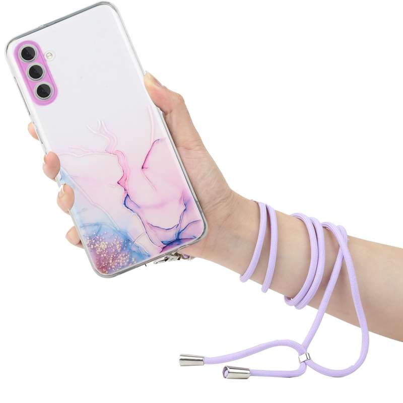 For Samsung Galaxy A34 5G Hollow Marble Pattern TPU Shockproof Phone Case with Neck Strap Rope(Black