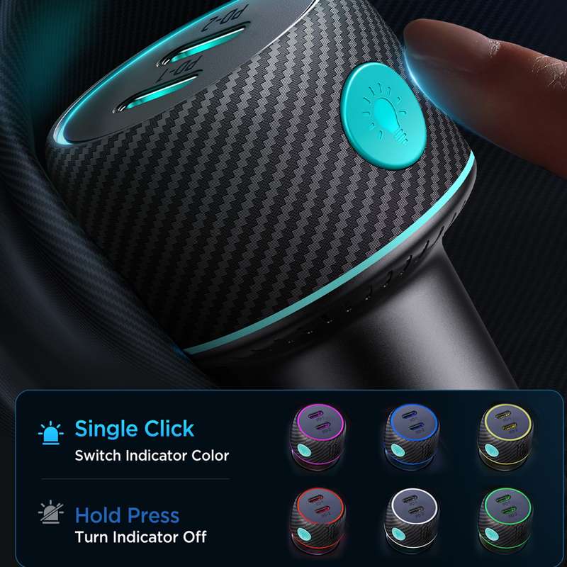 JOYROOM JR-CCN02 70W Dual PD Multi-Color Car Charger with Light Button(Black)