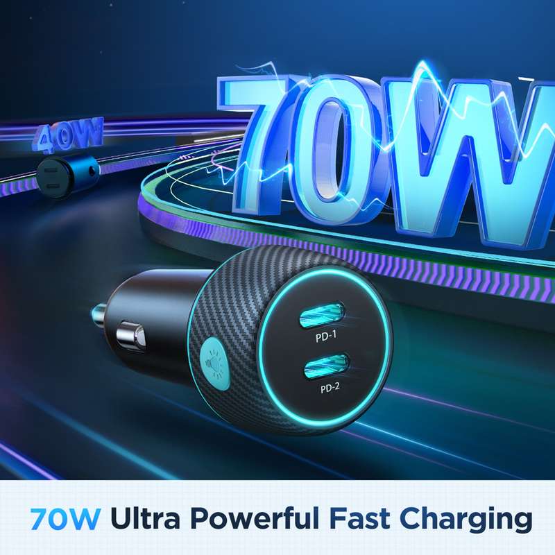 JOYROOM JR-CCN02 70W Dual PD Multi-Color Car Charger with Light Button(Black)