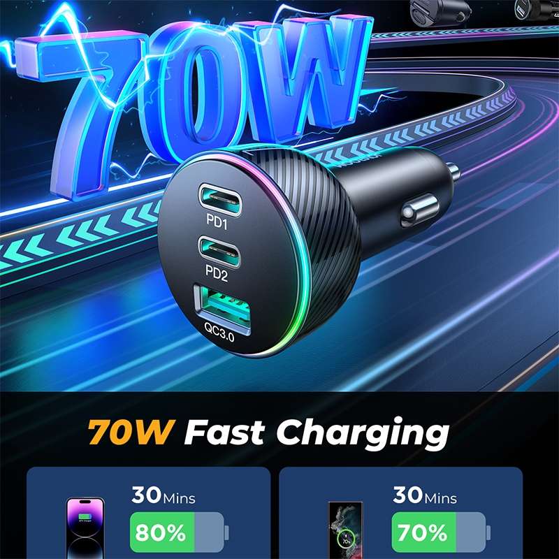 JOYROOM JR-CL26 70W 3-port USB+USB-C / Type-C Car Charger(Black)