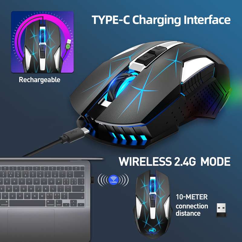 HXSJ T300 7 Keys 2400DPI 2.4G Colorful Luminous Wireless Mouse(Black)