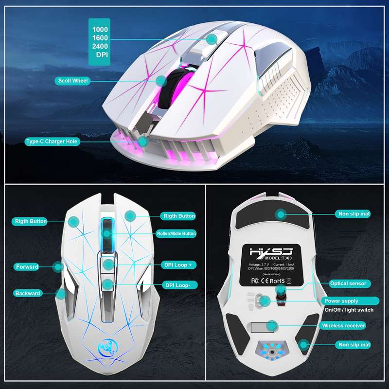 HXSJ T300 7 Keys 2400DPI 2.4G Colorful Luminous Wireless Mouse(Black)