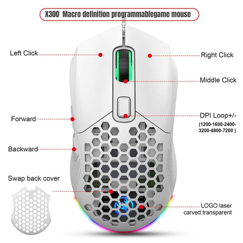 HXSJ X300 7200DPI RGB Backlight Interchangeable Back Cover Hole Gaming Wired Mouse