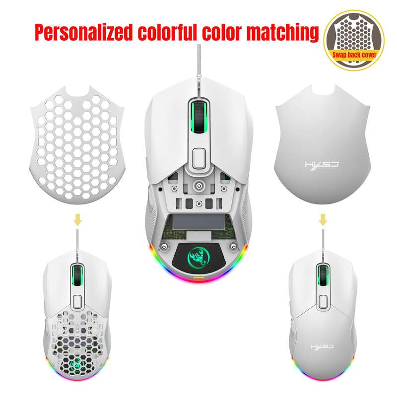 HXSJ X300 7200DPI RGB Backlight Interchangeable Back Cover Hole Gaming Wired Mouse