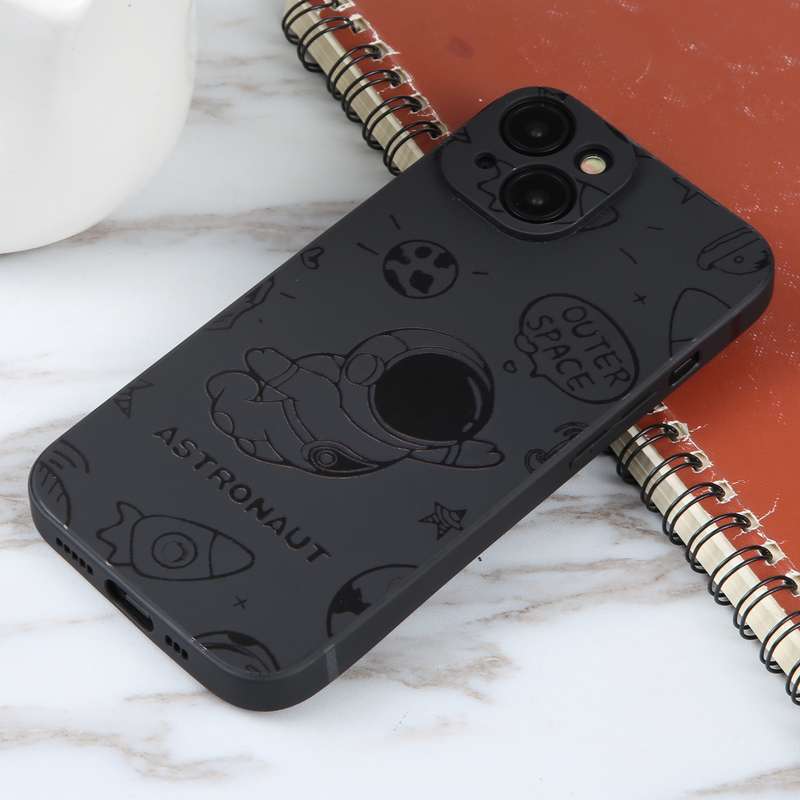 For iPhone 13 Astronaut Pattern Silicone Straight Edge Phone Case(Lovely Astronaut-Black)