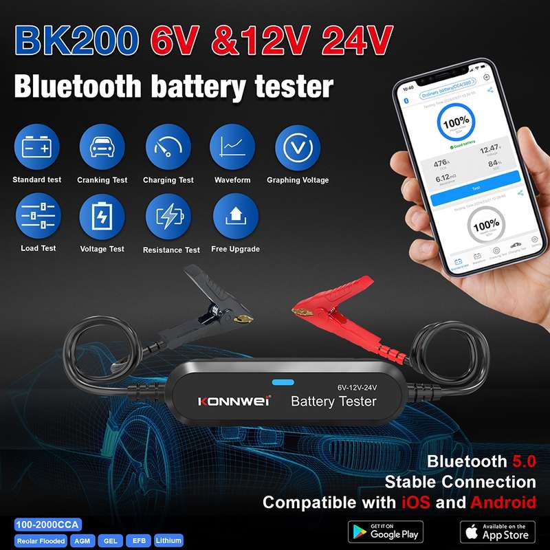 KONNWEI BK200 6V/12V/24V Car Bluetooth Battery Tester(Black)