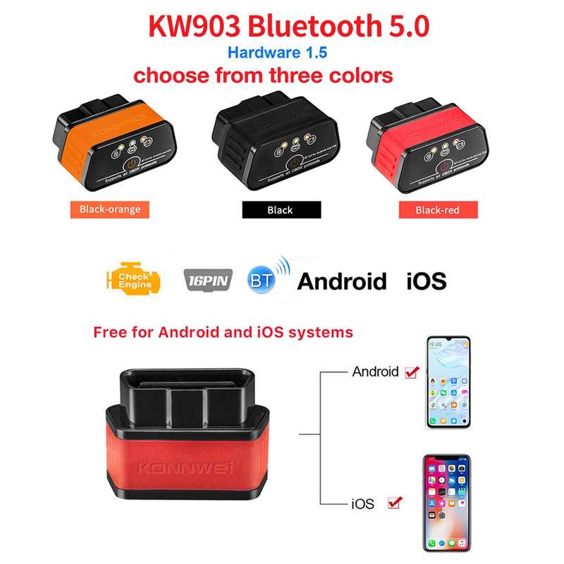 KONNWEI KW903 Bluetooth 5.0 OBD2 Car Fault Diagnostic Scan Tools Support IOS / Android(Black Orange)