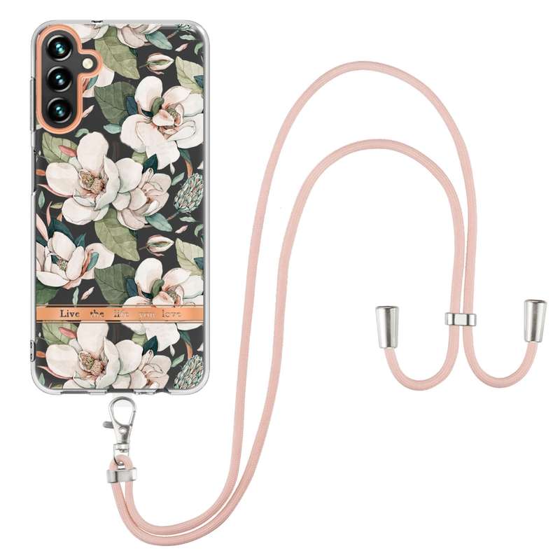 For Samsung Galaxy A54 5G Flowers and Plants Series IMD TPU Phone Case with Lanyard(Green Gardenia)