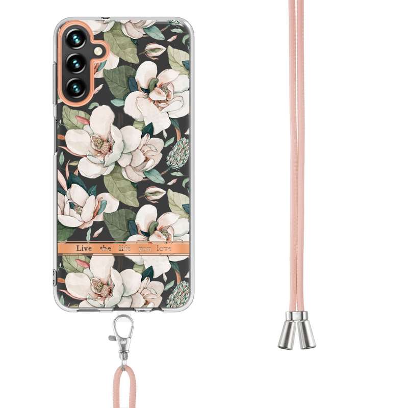For Samsung Galaxy A54 5G Flowers and Plants Series IMD TPU Phone Case with Lanyard(Green Gardenia)