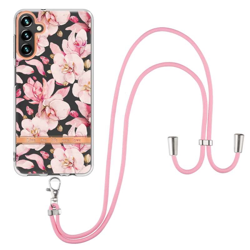 For Samsung Galaxy A54 5G Flowers and Plants Series IMD TPU Phone Case with Lanyard(Green Gardenia)