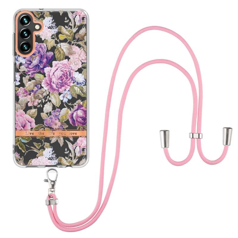 For Samsung Galaxy A54 5G Flowers and Plants Series IMD TPU Phone Case with Lanyard(Green Gardenia)