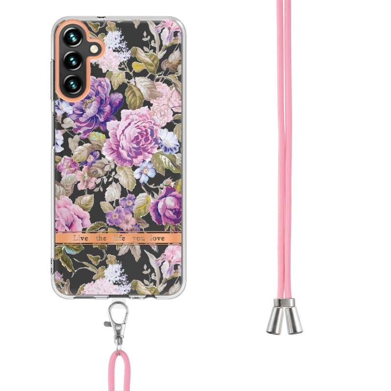 For Samsung Galaxy A54 5G Flowers and Plants Series IMD TPU Phone Case with Lanyard(Green Gardenia)