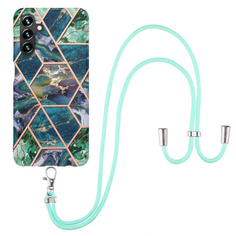 For Samsung Galaxy A54 5G Electroplating IMD Splicing Dual-side Marble TPU Phone Case with Lanyard(P