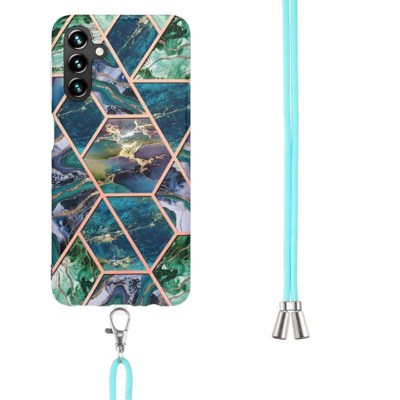 For Samsung Galaxy A54 5G Electroplating IMD Splicing Dual-side Marble TPU Phone Case with Lanyard(P