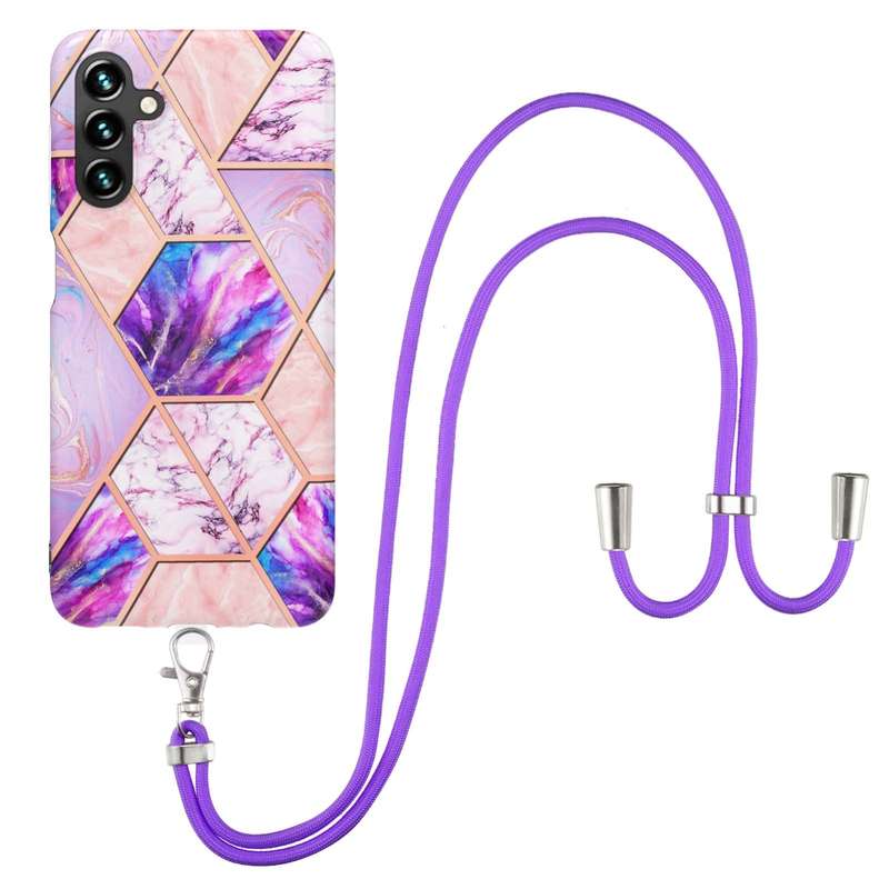 For Samsung Galaxy A54 5G Electroplating IMD Splicing Dual-side Marble TPU Phone Case with Lanyard(P