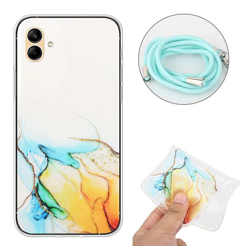 For Samsung Galaxy A04e Hollow Marble Pattern TPU Shockproof Phone Case with Neck Strap Rope(Pink)