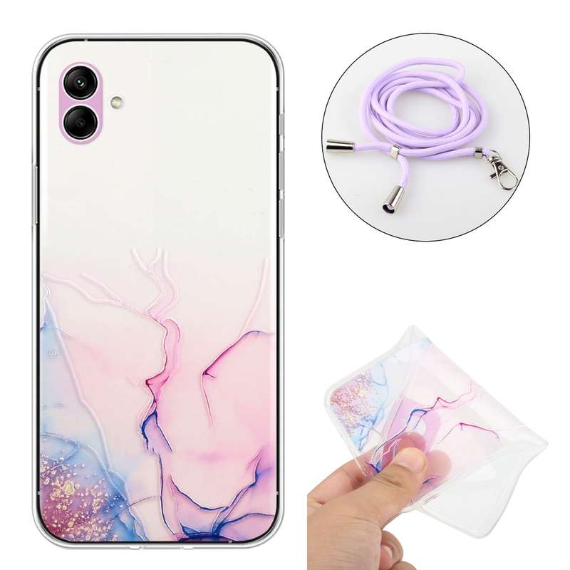 For Samsung Galaxy A04e Hollow Marble Pattern TPU Shockproof Phone Case with Neck Strap Rope(Pink)