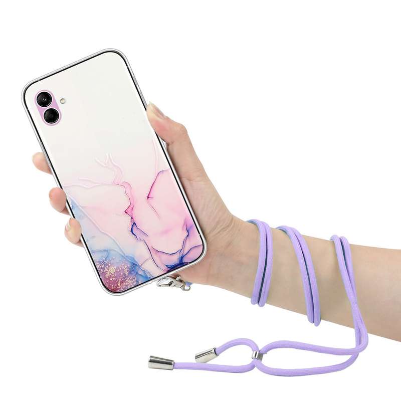 For Samsung Galaxy A04e Hollow Marble Pattern TPU Shockproof Phone Case with Neck Strap Rope(Pink)