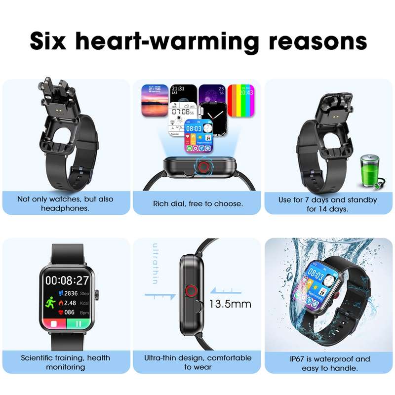 S6 TWS Earphone 1.91 inch Smart Bracelet Support Bluetooth Call / Health Monitoring(Black)
