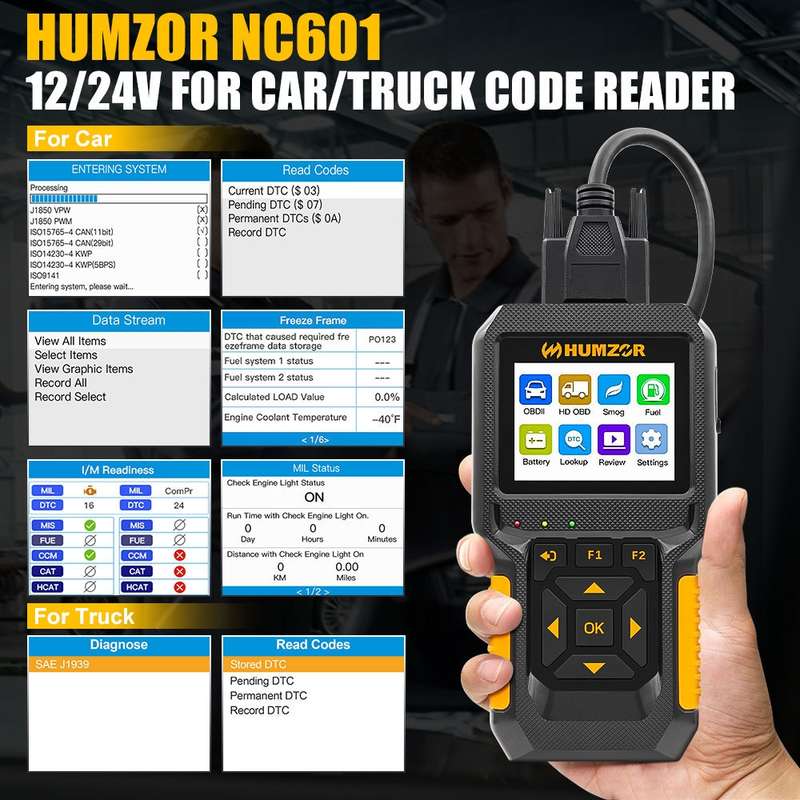 HUMZOR NC601 12-24V Car and Truck OBD2 Scan Tool Diagnostic Tool