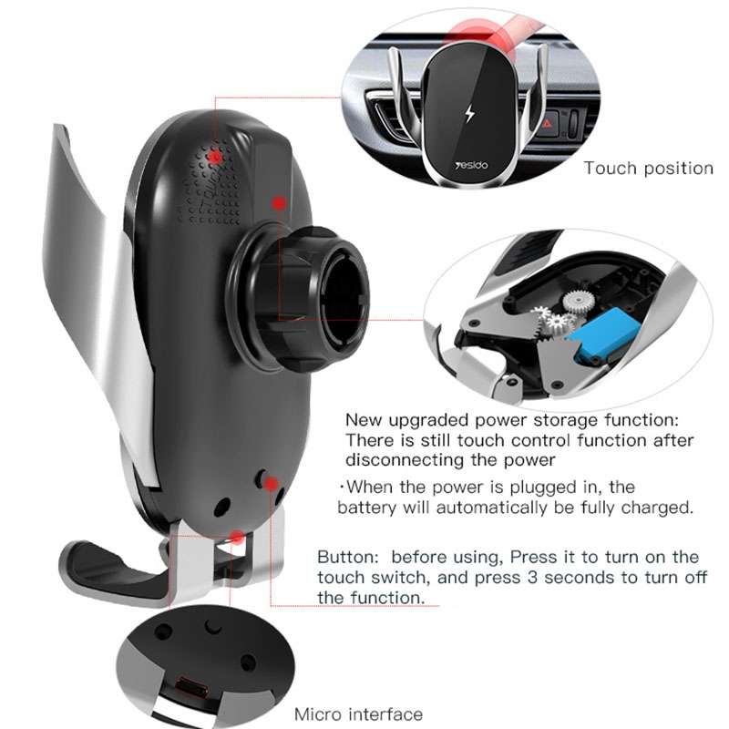 Yesido C78 Car Automatic Clamping 15W Qi Wireless Charger Phone Holder(Black)