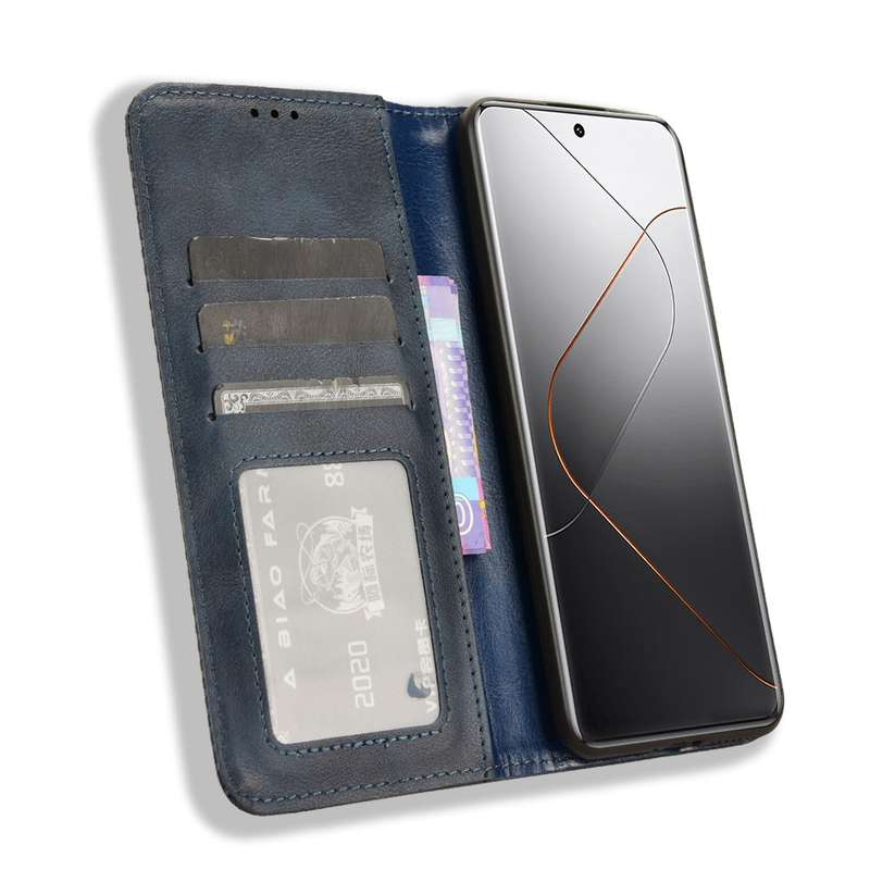 For Xiaomi 14 Pro Magnetic Buckle Retro Texture Leather Phone Case(Blue)
