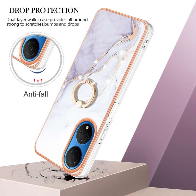For Honor X7 Electroplating Marble IMD TPU Phone Case with Ring Holder(Rose Gold 005)