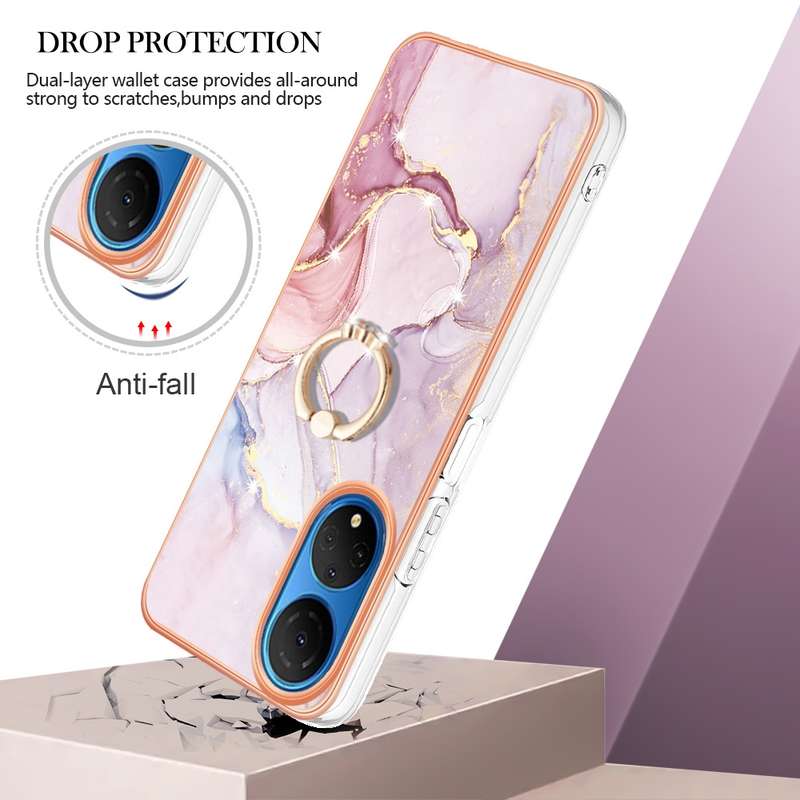 For Honor X7 Electroplating Marble IMD TPU Phone Case with Ring Holder(Rose Gold 005)