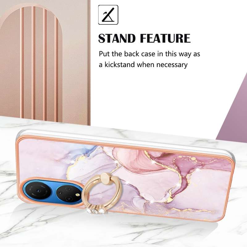 For Honor X7 Electroplating Marble IMD TPU Phone Case with Ring Holder(Rose Gold 005)
