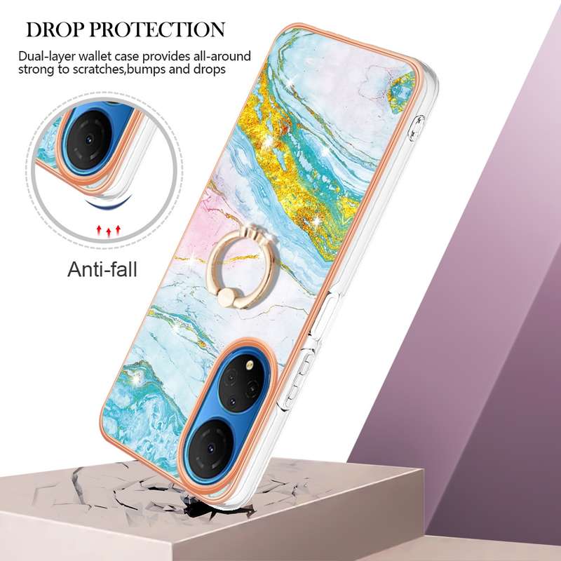 For Honor X7 Electroplating Marble IMD TPU Phone Case with Ring Holder(Rose Gold 005)
