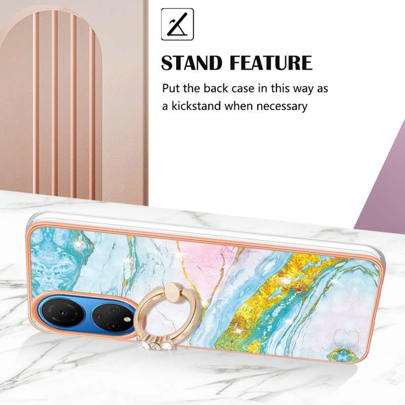 For Honor X7 Electroplating Marble IMD TPU Phone Case with Ring Holder(Rose Gold 005)