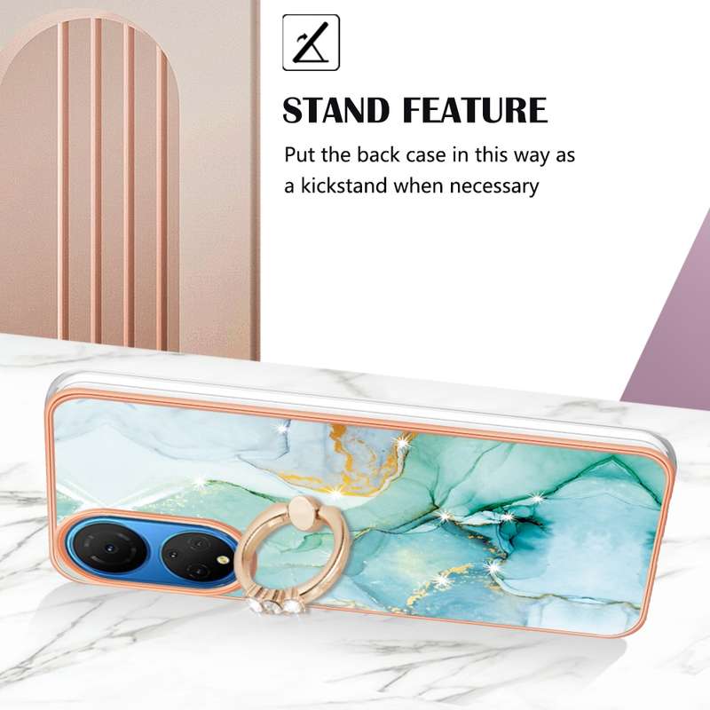 For Honor X7 Electroplating Marble IMD TPU Phone Case with Ring Holder(Rose Gold 005)
