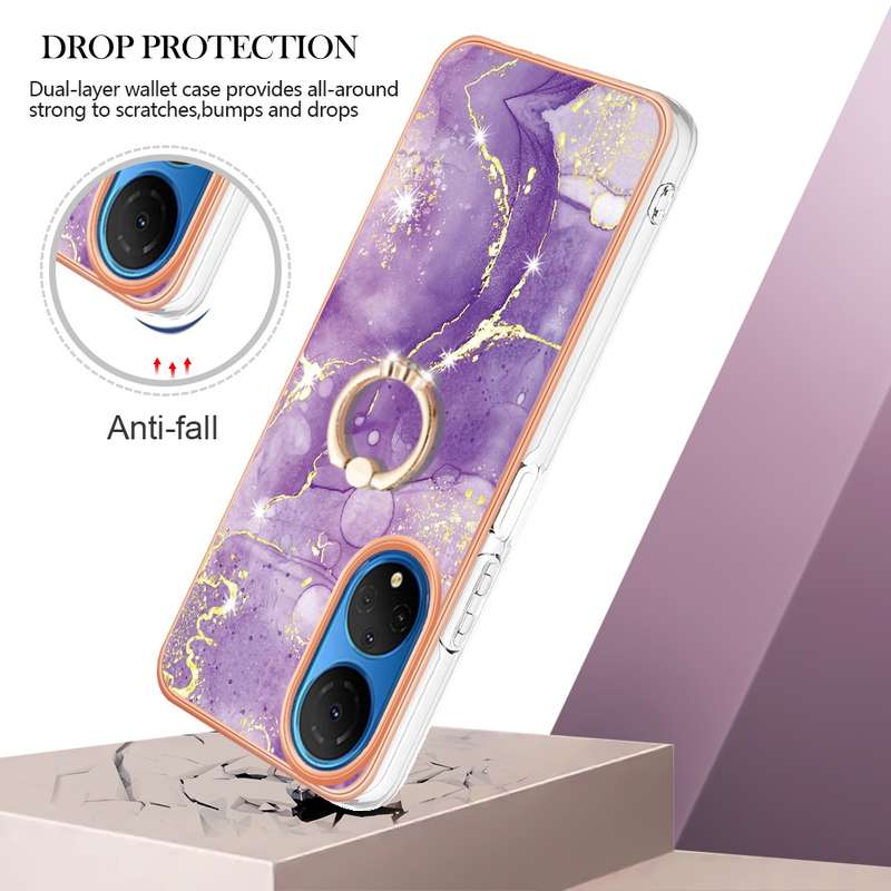 For Honor X7 Electroplating Marble IMD TPU Phone Case with Ring Holder(Rose Gold 005)