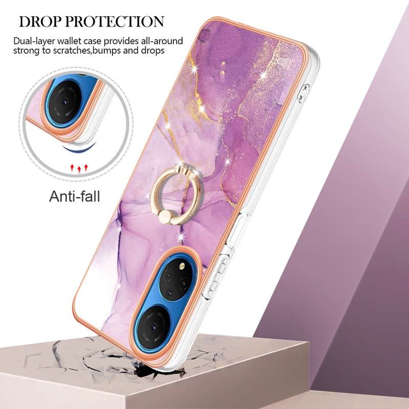 For Honor X7 Electroplating Marble IMD TPU Phone Case with Ring Holder(Rose Gold 005)