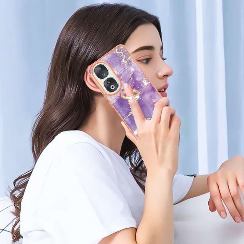 For Honor 90 5G Electroplating Marble IMD TPU Phone Case with Ring Holder(Purple 002)