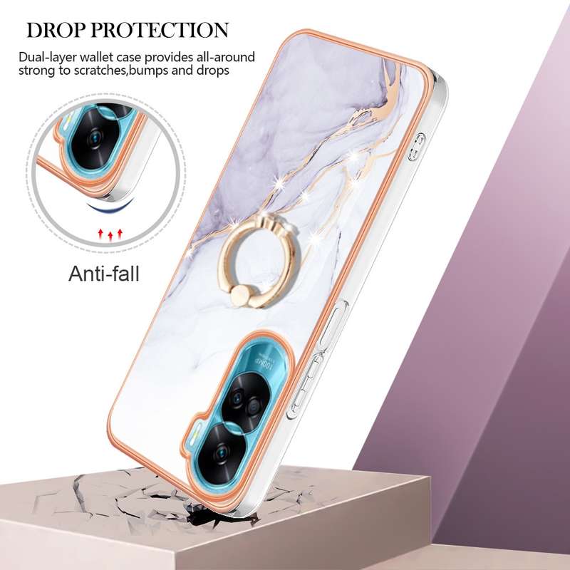 For Honor 90 Lite 5G Electroplating Marble IMD TPU Phone Case with Ring Holder(Green 003)