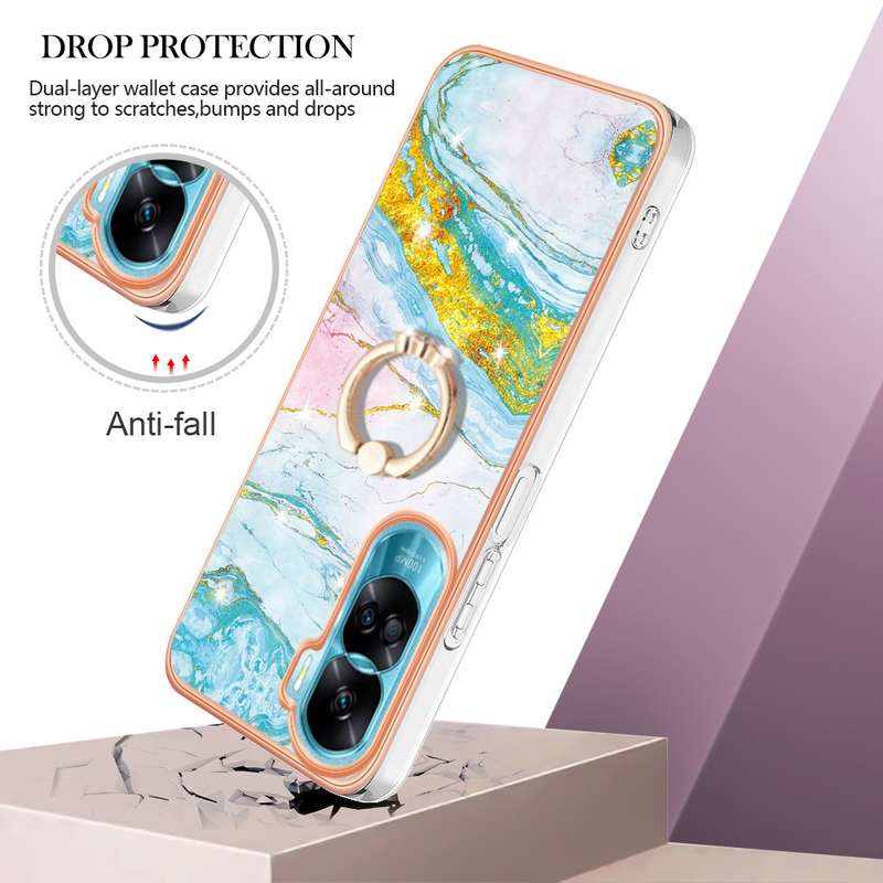For Honor 90 Lite 5G Electroplating Marble IMD TPU Phone Case with Ring Holder(Green 003)