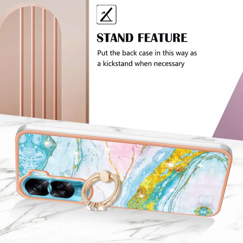 For Honor 90 Lite 5G Electroplating Marble IMD TPU Phone Case with Ring Holder(Green 003)