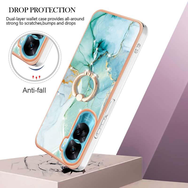 For Honor 90 Lite 5G Electroplating Marble IMD TPU Phone Case with Ring Holder(Green 003)
