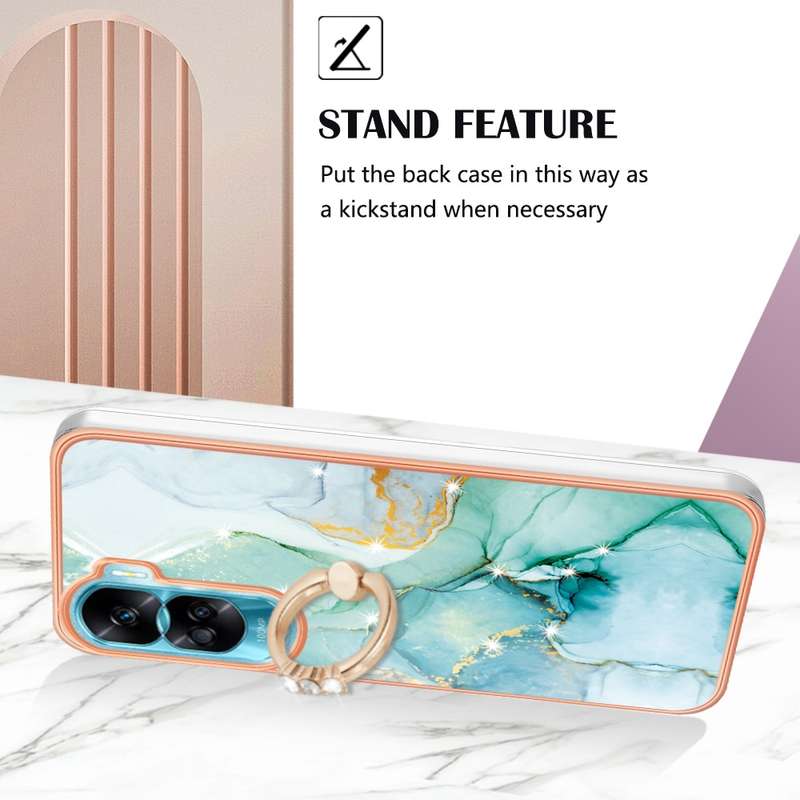 For Honor 90 Lite 5G Electroplating Marble IMD TPU Phone Case with Ring Holder(Green 003)