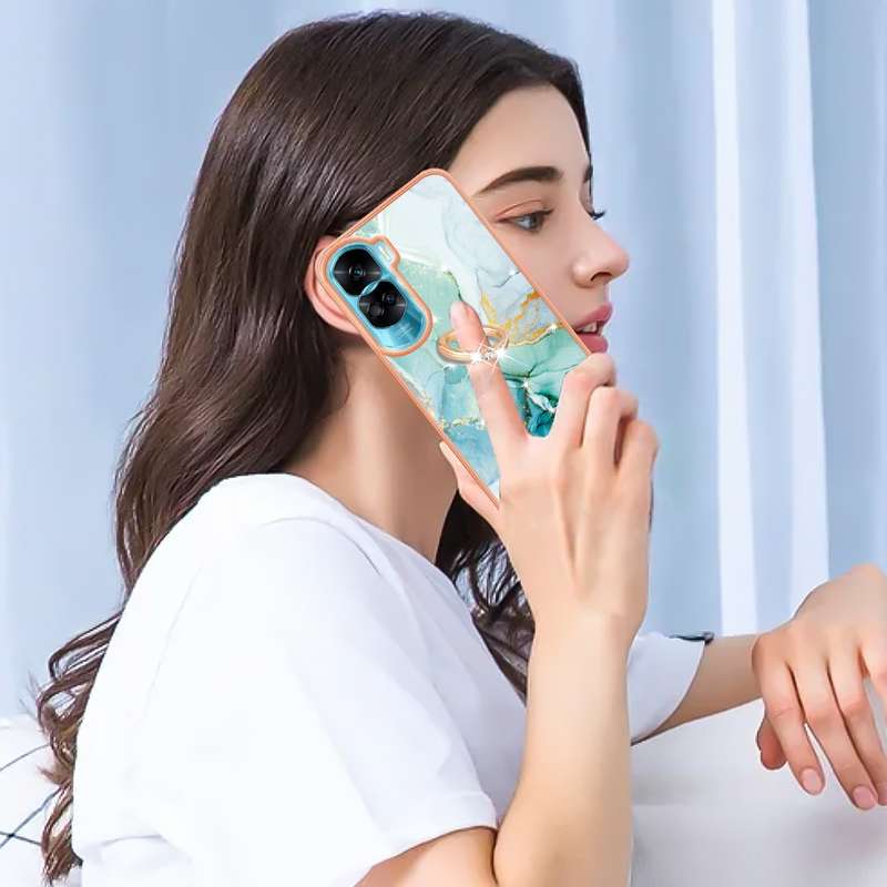 For Honor 90 Lite 5G Electroplating Marble IMD TPU Phone Case with Ring Holder(Green 003)
