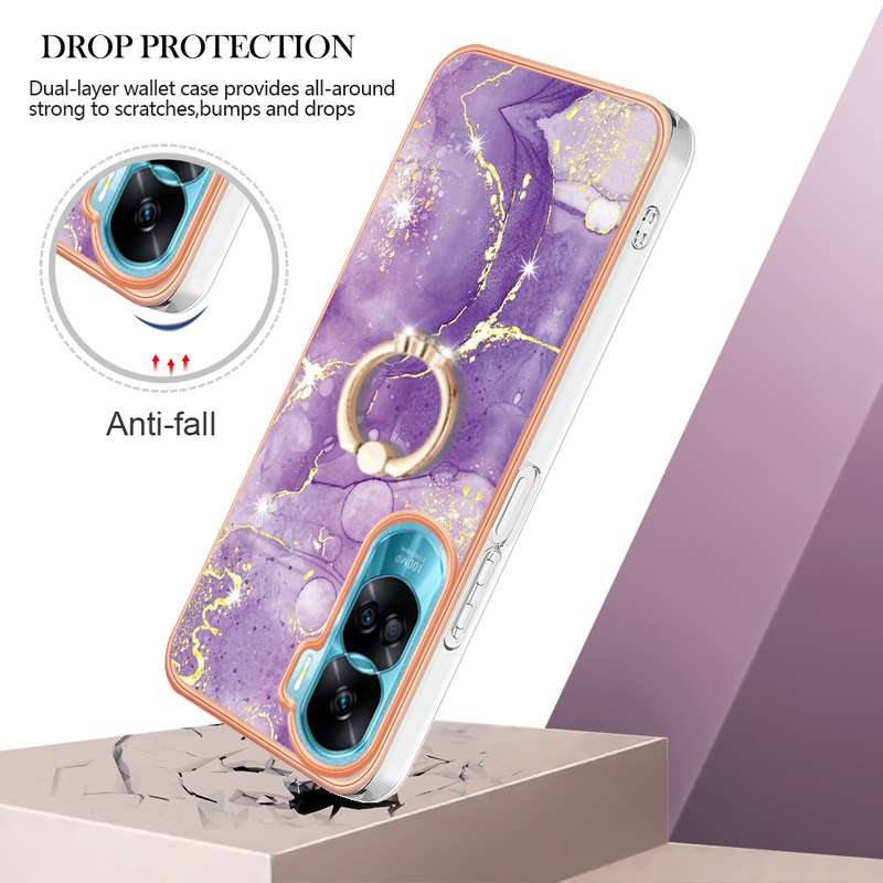 For Honor 90 Lite 5G Electroplating Marble IMD TPU Phone Case with Ring Holder(Green 003)