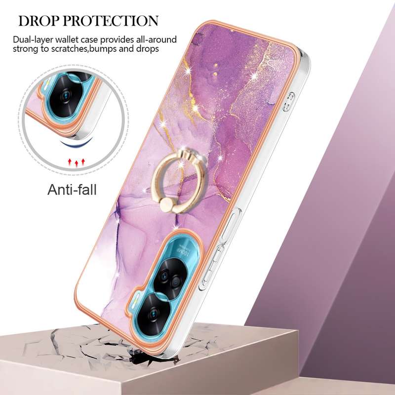 For Honor 90 Lite 5G Electroplating Marble IMD TPU Phone Case with Ring Holder(Green 003)