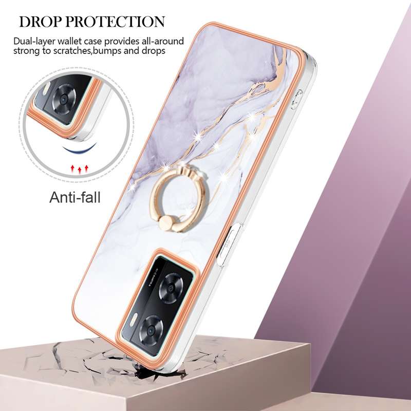 For OPPO A57 4G/A77 5G Taiwan/K10 5G Global Electroplating Marble IMD TPU Phone Case with Ring Holde