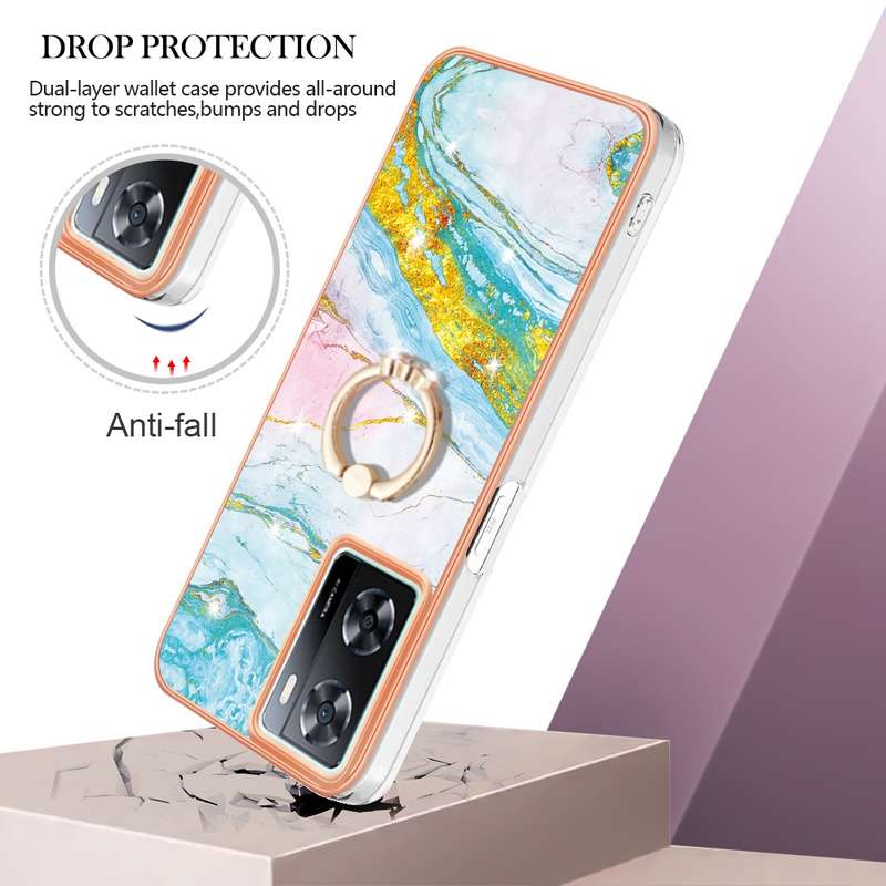 For OPPO A57 4G/A77 5G Taiwan/K10 5G Global Electroplating Marble IMD TPU Phone Case with Ring Holde